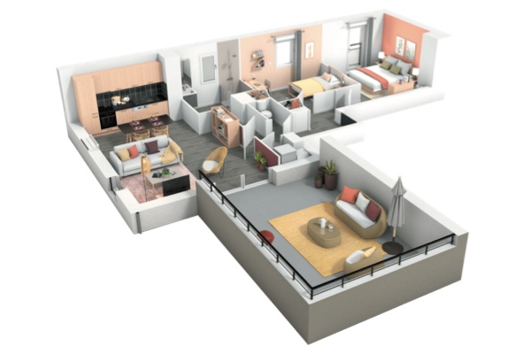 Maquette 3d appartement neuf T3 programme Ker Silva Magnolias